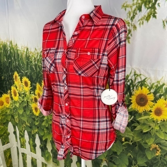 MILK & HONEY Red Plaid Button Down Top Small - Picture 7 of 14